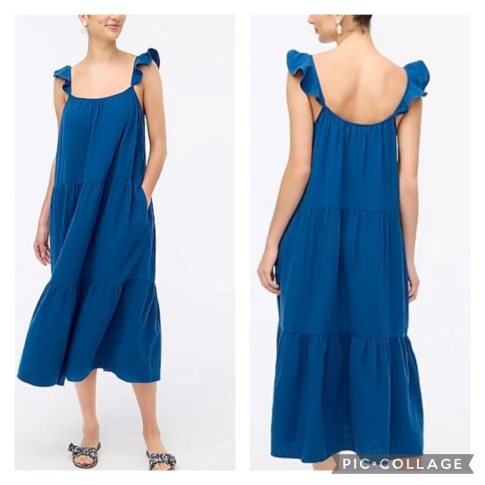 J Crew Blue Cotton Gauzy Midi Dress Ruffled Straps Size Small